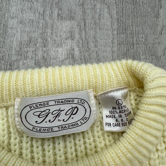 Vintage Plenge Trading Sweater Men's Large Cream Striped Knit Crewneck 90s - Picture 4 of 6